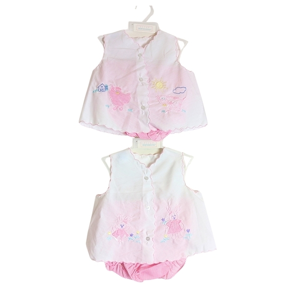 Two Vintage Spring/Easter Embroiderd Infant Outfits Gingham Print 6-9 Months - Picture 1 of 9